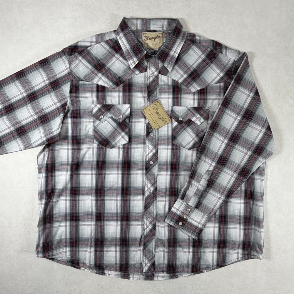 Wrangler Mens Western Plaid Pearl Snap Shirt White Black Red 2XL Irregular